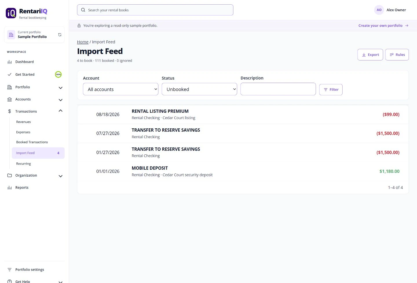 Actual RentariIQ transaction feed with fictional sample entries.