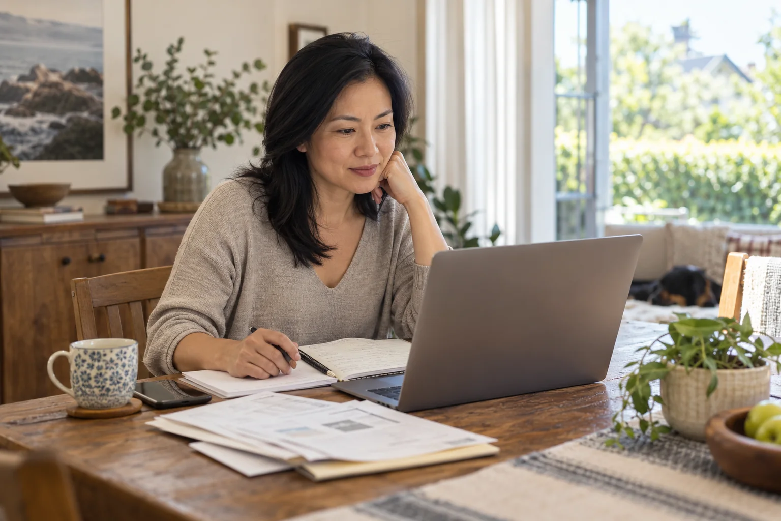An illustrative rental owner reviewing records beside a laptop.